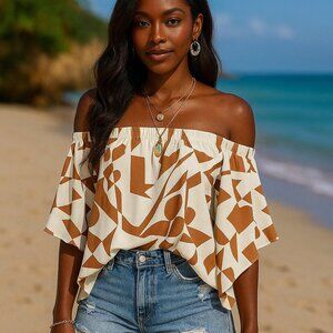 🆕️Boho Chic Off-Shoulder Abstract Blouse 🤎✨ Light Brown & White 🌿 Trendy Top